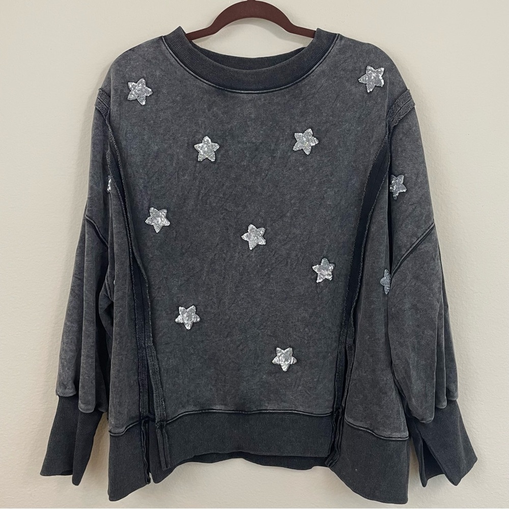 Bluevelvet Acid Wash Sequins‎ Stars Slouchy Pullover Sweatshirt Size Small